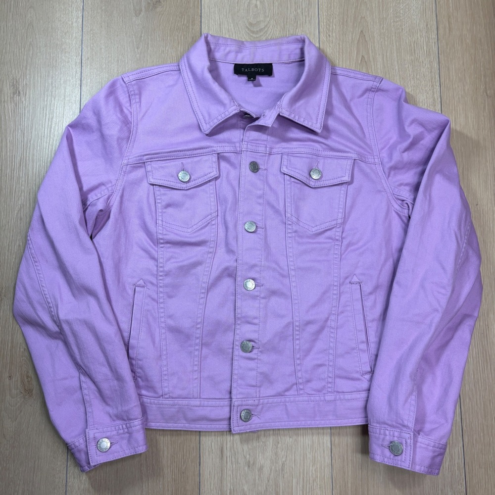 Talbots Women Lilac Purple Denim Jean Trucker Jacket Medium Stretch Cotton Blend